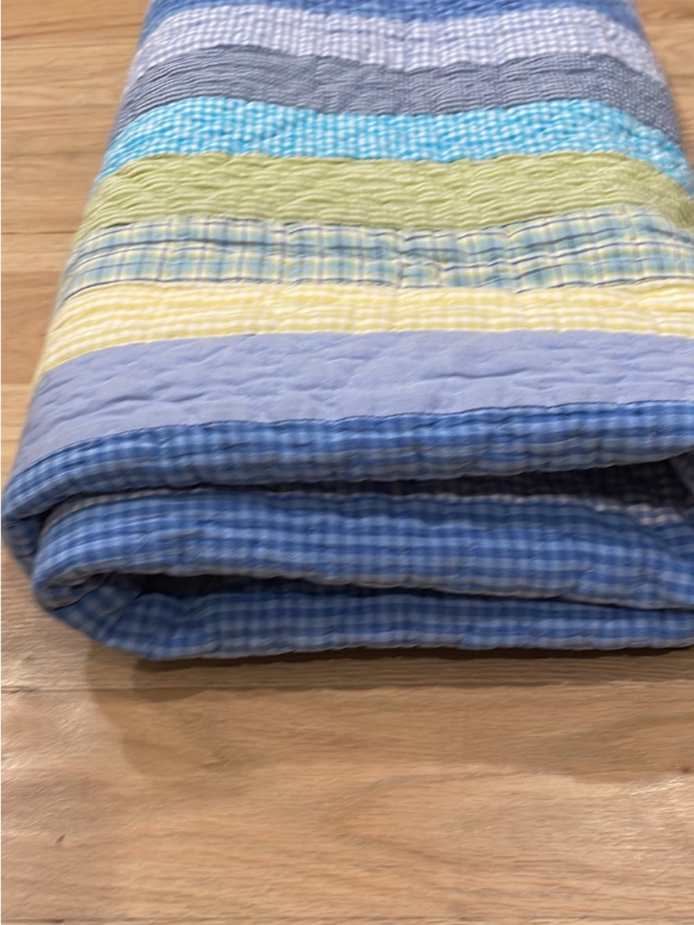 Striped Cotton Quilt in Blue, Yellow, Gray baby blanket